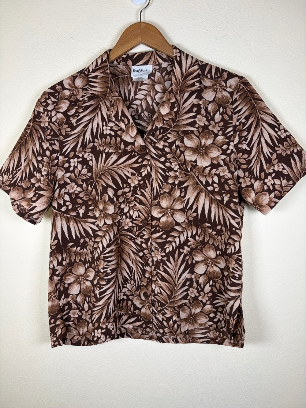 BonWorth XS Petite Brown Tropical Floral Hawaiian Button Up Blouse